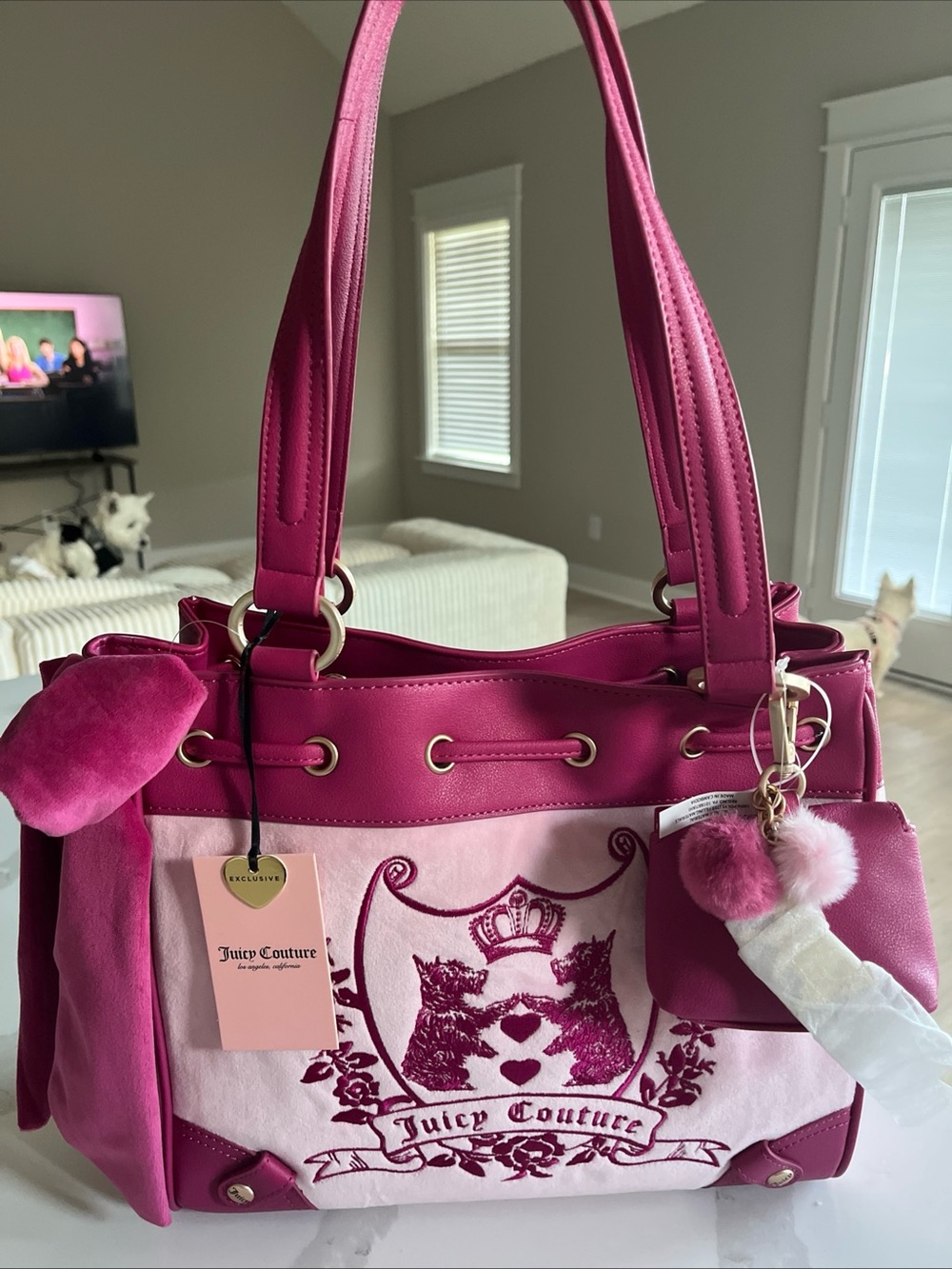 Juicy Couture Fuchsia and Light Pink Embroidered Tote with Pom Charm